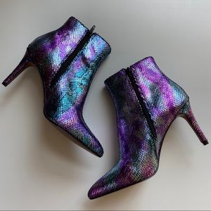 Betsey Johnson Iridescent Snakeskin Heeled Bootie